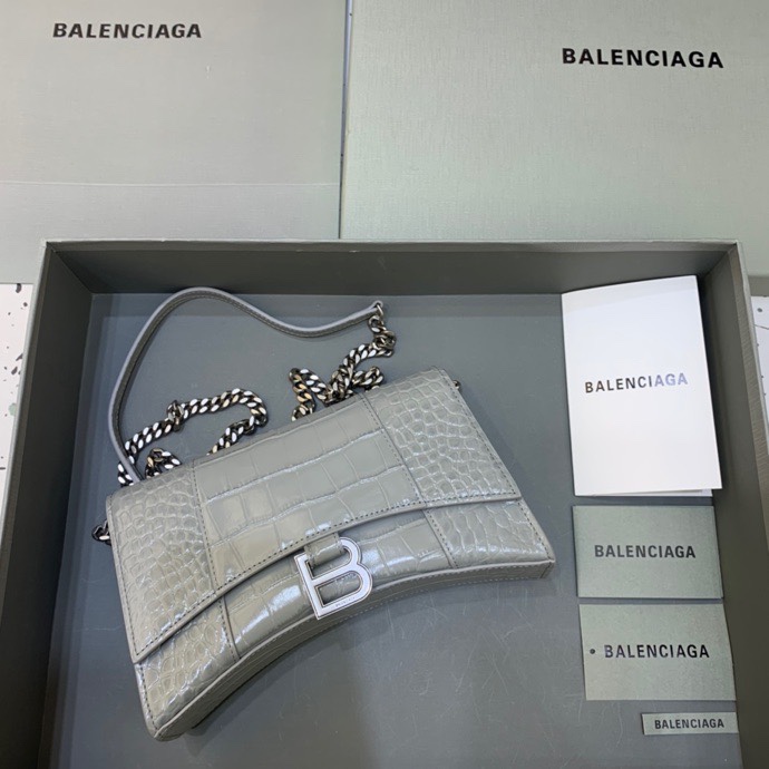 Balenciaga Big Hourglass Wallet With Chain Crocodile Embossed Shoulder Bag Gray